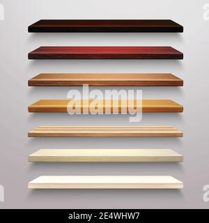 Realistico 3d multicolore punto vendita scaffali in legno set vettore isolato illustrazione Illustrazione Vettoriale
