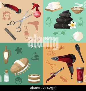 Set di design per salone di bellezza con acconciatura per la pelle del corpo icone illustrazione vettoriale isolata Illustrazione Vettoriale
