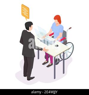 Donna disabile isometrica che lavora su computer portatile in ufficio, immagine vettoriale piatta. Stile di vita delle persone disabili. Illustrazione Vettoriale