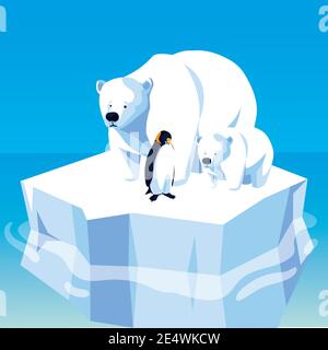 orsi polari e pinguini galleggianti sul vettore polare nord di iceberg illustrazione Illustrazione Vettoriale