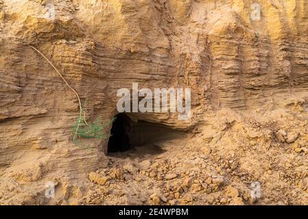 Cave, hole or burrow in the sand ground. Foto Stock