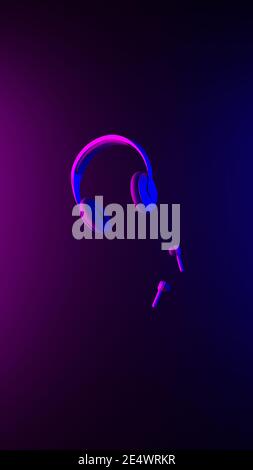 Cuffie e auricolari wireless con un effetto luce astratto sfondo viola e blu rendering 3D. Sfondo verticale dell'illustrazione. Foto Stock