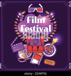 Poster del cinema con film festival simboli d'arte illustrazione vettoriale Illustrazione Vettoriale
