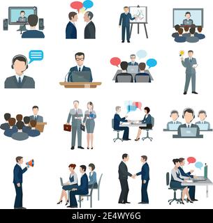 Le icone delle conferenze sono piatte e la comunicazione tra gruppi di lavoro e persone aziendali è isolata illustrazione vettoriale Illustrazione Vettoriale