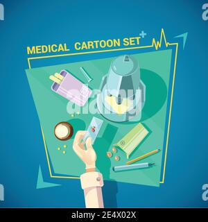 Set di disegno medico con pillole di analisi del sangue e microscopio su illustrazione vettoriale cartoon di sfondo blu Illustrazione Vettoriale
