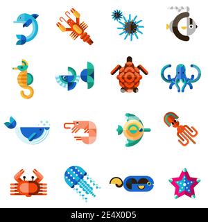 Creature marine animali subacquei insieme con delfini cavallucci marini illustrazione vettoriale isolata da granchio Illustrazione Vettoriale