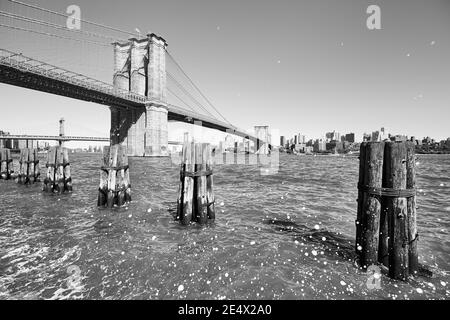 Immagine in bianco e nero del Ponte di Brooklyn con gocce d'acqua, New York City, USA. Foto Stock