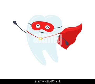 Dente supereroe. Dente sano felice in un mantello rosso. Illustrazione vettoriale Illustrazione Vettoriale