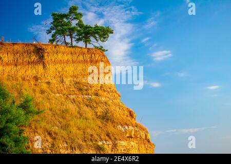 Vista sulla bandiera greca che oscilla nel vento, e pini sulla cima di una scogliera rocciosa. Foto Stock