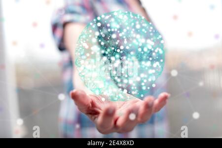 Concetto di connessione globale sopra la mano di una donna dentro sfondo Foto Stock