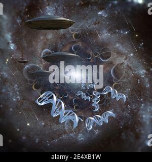 Filamenti di DNA nello spazio surreale. Rendering 3D Foto Stock