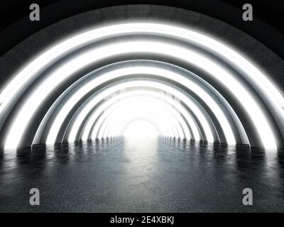 Il tunnel futuristico illuminato in Brighly con riflessione sul terreno. Illustrazione 3D. Foto Stock