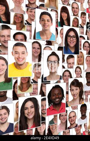Persone sfondo gruppo di multirazziale giovani sorridenti felice volti ritratto formattare i ritratti diversity Foto Stock