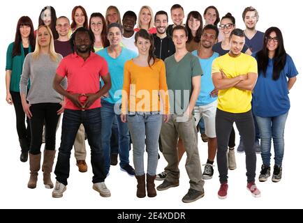 Gruppo multiculturale di giovani felici sorridenti diversità isolato su uno sfondo bianco Foto Stock