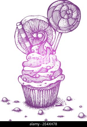 Illustrazione vettoriale dell'inchiostro disegnata a mano. Ancora vita di cupcakes con arancia e lollipop. Disegno isolato su sfondo bianco Illustrazione Vettoriale