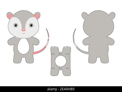 Simpatico stampo per portauova di cioccolato Opossum tagliato a stampo. Scatola di carta al dettaglio per l'uovo di pasqua. Schema colori stampabile. Template vettoriale di taglio laser. Illustrazione Vettoriale