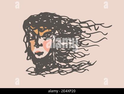 Viso femminile, Face Line Art, disegno di una donna moderna con capelli disevellati Illustrazione Vettoriale