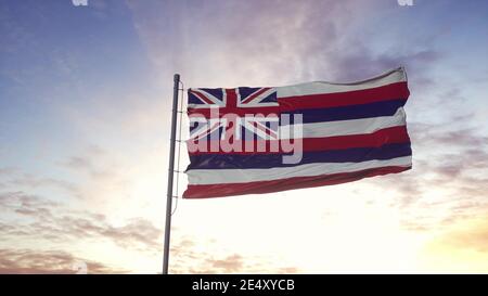 Bandiera di stato delle Hawaii che sventolano nel vento. Sfondo cielo drammatico. illustrazione 3d Foto Stock