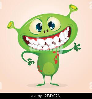 Cartoon verde aliene ondulato. Vettore simpatico mostro mascotte illustrazione per Halloween Illustrazione Vettoriale