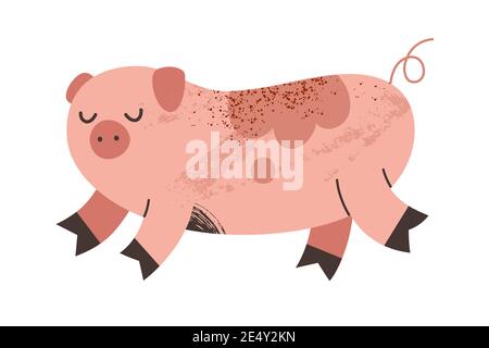 Carino maiale rosa con macchie di sporco illustrazione di capra, animale da fattoria disegno, clipart vettore isolato Illustrazione Vettoriale