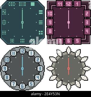 design dell'orologio isolato con pixel art set Illustrazione Vettoriale