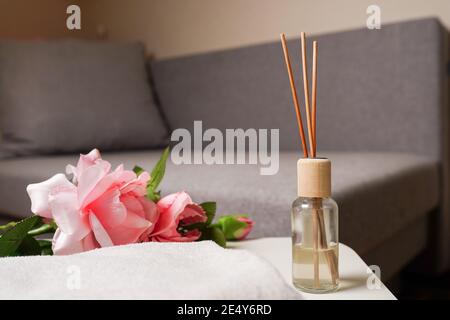 Aromi in bottiglia di vetro e brunch di rose rosa in commode in soggiorno, primo piano profumatore a canna fatto a mano Foto Stock