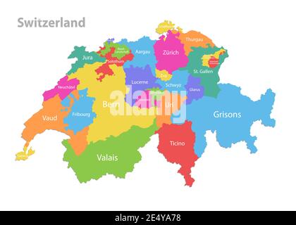 Mappa della Svizzera, divisione amministrativa, separazione delle singole regioni con nomi delle regioni, mappa dei colori isolata su vettore di sfondo bianco Illustrazione Vettoriale