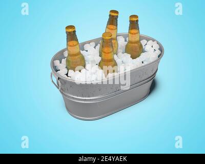 concetto di rendering 3d della birra ghiacciata in un secchio di ghiaccio su sfondo blu con ombra Foto Stock