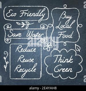 Set di scritte ecologiche disegnate a mano su lavagna - Riduci riciclaggio riutilizzo, risparmiare acqua, pensare verde, ecologico, acquistare cibo locale Illustrazione Vettoriale