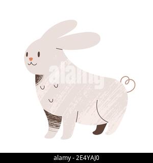 Cute bianco coniglio doodle illustrazione, animale da fattoria con espressione del viso, mascotte colorate, clipart vettore isolato Illustrazione Vettoriale