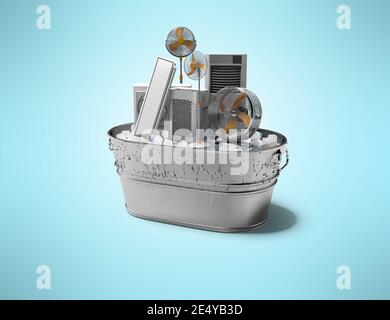 concetto di rendering 3d dei dispositivi di climatizzazione e raffreddamento dell'ambiente in secchio di ghiaccio isolato su sfondo blu con ombra Foto Stock