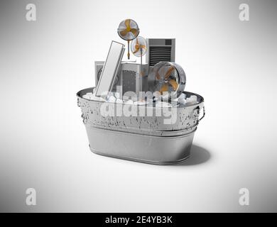 concetto di rendering 3d dei dispositivi di climatizzazione e raffreddamento dell'ambiente in secchio di ghiaccio isolato su sfondo grigio con ombra Foto Stock