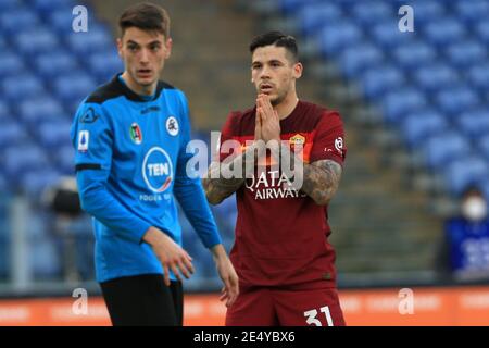 Roma, Italia. 23 gennaio 2021. Carles Perez (Roma) ha debuttato durante la partita di serie A Tim tra ROMA E Spezia Calcio allo Stadio Olimpico il 23 2021 gennaio a Roma, Italia. (Foto di Giuseppe fama/Pacific Press/Sipa USA) Credit: Sipa USA/Alamy Live News Foto Stock