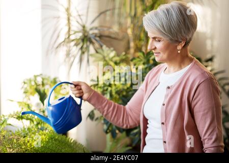 donna anziana che annaffiava le piante domestiche a casa Foto Stock