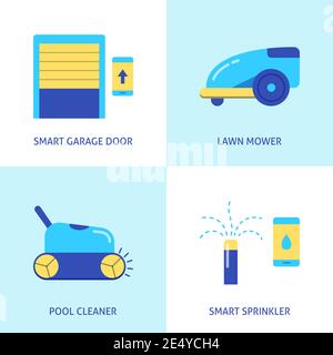 L'icona dell'automazione di case e giardini è in stile piatto. Porta del garage controllata a distanza, rasaerba, pulitore per piscina e irrigatore intelligente. Illustrazione vettoriale. Illustrazione Vettoriale