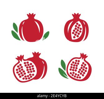 Insieme di icone di melograno intero e tagliato. Illustrazione vettoriale frutta Illustrazione Vettoriale