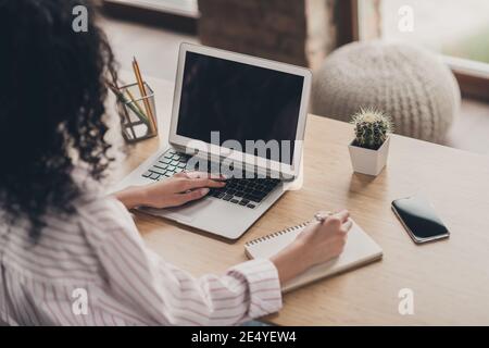 Foto ritratto indietro dorso posteriore vista della donna su cui lavora computer portatile con spazio vuoto scritto in interni Foto Stock