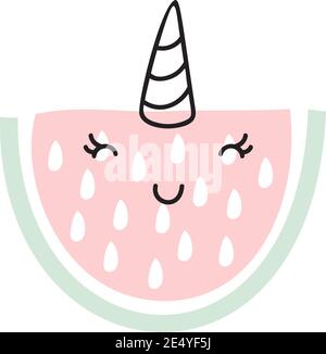 Carino watermelon cartoon con unicorno, vettore stile scandinavo. Disegno del bambino per l'invito di compleanno o acquazzone del bambino, manifesto, vestiti, parete della stanza dei bambini Illustrazione Vettoriale