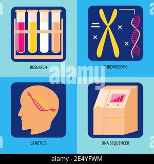 Icone di ricerca genetica in stile piatto. Test del DNA, simboli del cromosoma e del sequenziatore del genoma. Illustrazione del concetto medico. Illustrazione Vettoriale