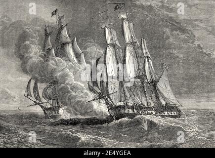 La lotta tra la HMS Phoenix e la nave francese Didon, 10 agosto 1805, guerre napoleoniche, dalle battaglie britanniche su terra e mare di James Grant Foto Stock