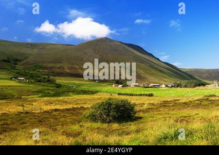 Grande collina marrone con piante verdi in primo piano e cielo blu, nuvole bianche e case in pietra costruita sull'isola scozzese Hoy su Orkney
