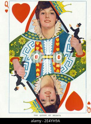 Il volto di Evelyn Nesbit come "la Regina dei cuori" sulla carta da gioco. Rivista settimanale Puck, 25 marzo 1914 Foto Stock