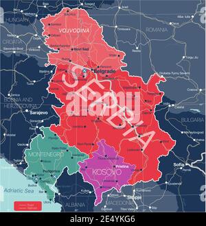 Serbia Paesi del Kosovo e Montenegro Mappa dettagliata modificabile con regioni città e città, strade e ferrovie, siti geografici. File vettoriale EPS-10 Illustrazione Vettoriale