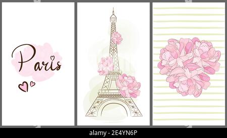 Carte con simboli di Parigi. Torre Eiffel. Peony. Illustrazione vettoriale. Illustrazione Vettoriale