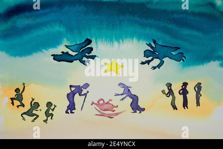 presepe acquerello, illustrazione presepe natale Foto Stock