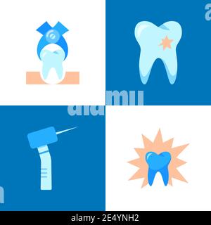 Icona del dolore e del trattamento dentali in stile piatto. Caramelle smalto danneggiato, estrazione dei denti e altri simboli. Emblema di stomatologia. Illustrazione vettoriale. Illustrazione Vettoriale