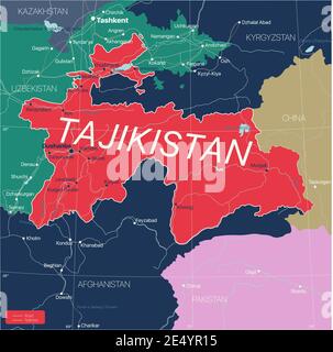 Paese del Tagikistan Mappa dettagliata modificabile con regioni città e città, strade e ferrovie, siti geografici. File vettoriale EPS-10 Illustrazione Vettoriale