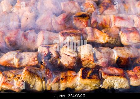 Piatto tradizionale georgiano, Mtsvadi sul fuoco, pasto crudo alla griglia, barbecue all'aperto Foto Stock