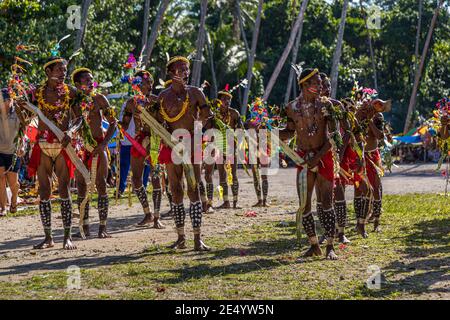 Cricket-gioco Trobriand Islands stile a Kwebwaga, Papua Nuova Guinea Foto Stock