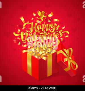 Design del saluto del giorno di Sant Valentines. Gold Happy San Valentino scritta e cupido con scatola regalo rossa e confetti d'oro su sfondo rosso. Illustrazione Vettoriale